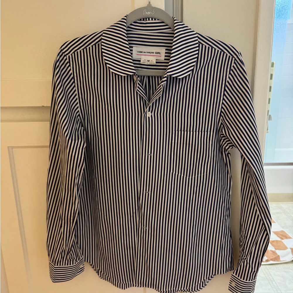 Comme des Garcons Girl Navy and White Striped Peter Pan Collar Shirt- Medium - Picture 4 of 5